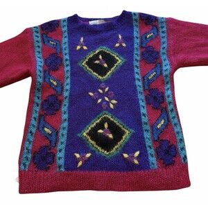 VTG 80s Michelle Stuart Mohair Blend Abstract Sweater Purple Pink Fuzzy Sweater